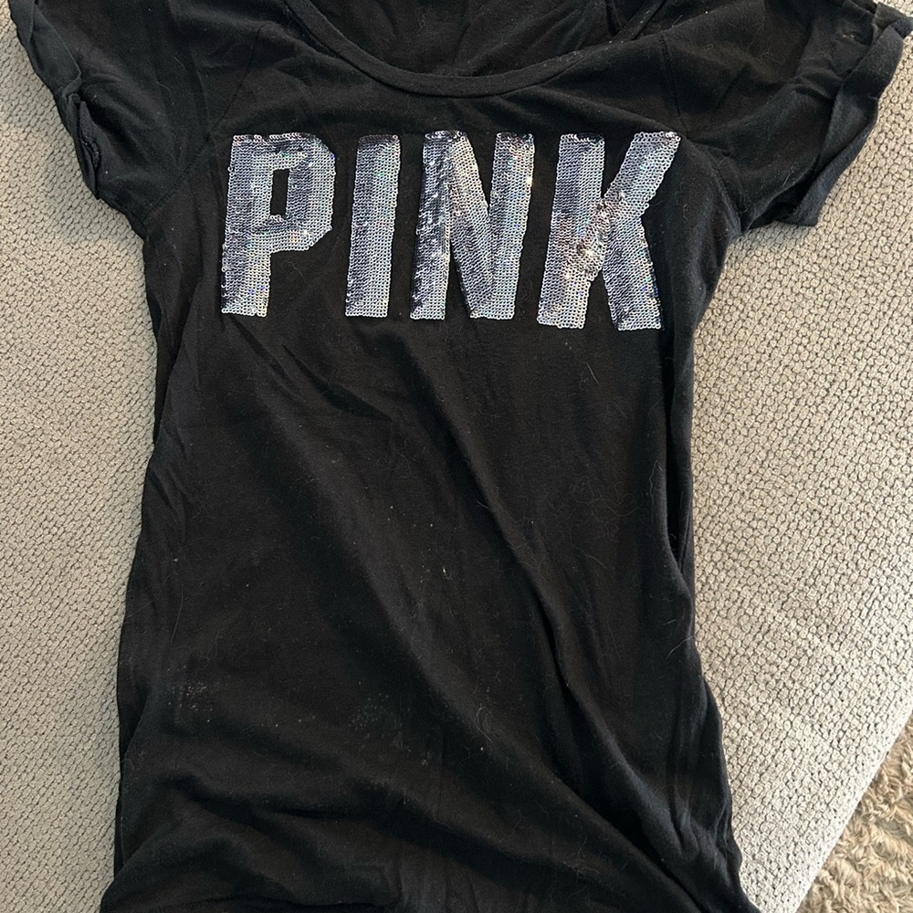 Victoria's Secret Black Tee with Silver Sequin Logo